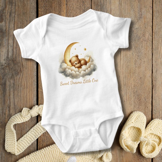 Body Para Bebé Regalo para Baby Shower de Osito Durmiendo en Nube (Sleeping Baby Bear on Cloud and Crescent moon. Gold White. Baby Shower Gift, Gift for new baby)