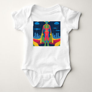 Body Para Bebé Retro Sci-Fi Hero Over Cityscape