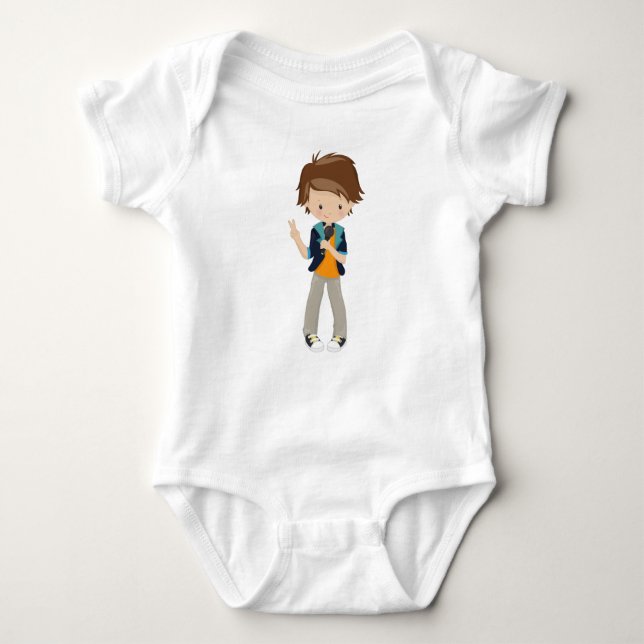 Body Para Bebé Rock Boy, Brown Hair, Band Singer, micrófono (Anverso)