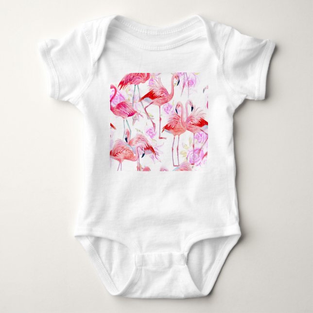 Body Para Bebé Rosa Flamingo: Floral de aves acuáticas (Anverso)