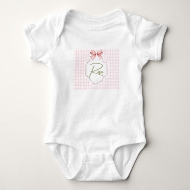 Body Para Bebé Rosa personalizada Niña Nursery Bow&Gingham (Anverso)