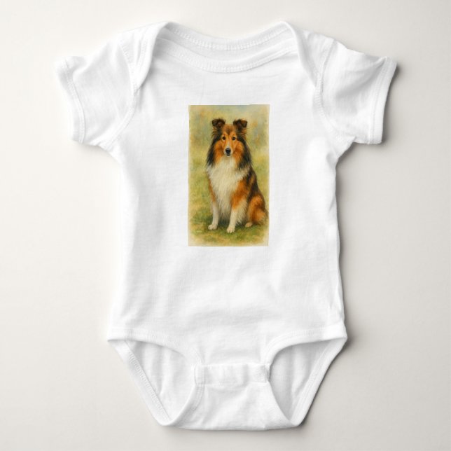Body Para Bebé Shetland Sheepdog Sitting Watercolor (Anverso)