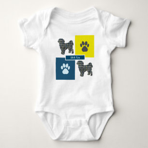 Body Para Bebé Shih Tzu Dog & Paw Print Yellow Grid Silhouette