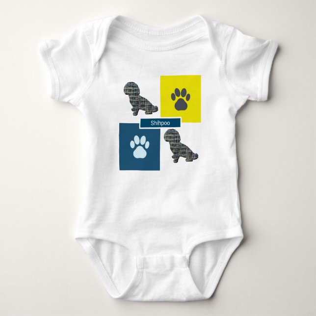 Body Para Bebé Shihpoo Dog & Paw Print Yellow Grid Silhouette (Anverso)