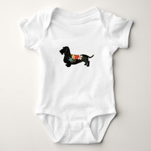 Body Para Bebé Silhouette floral de cabello alambrado Dachshund B (Anverso)