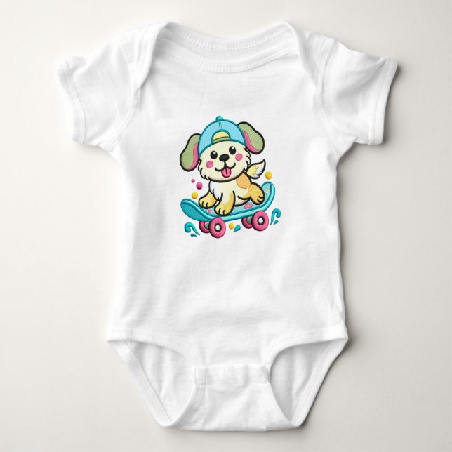 Body Para Bebé Skateboarding Pup Embroideric Design para Bodysuit (Anverso)