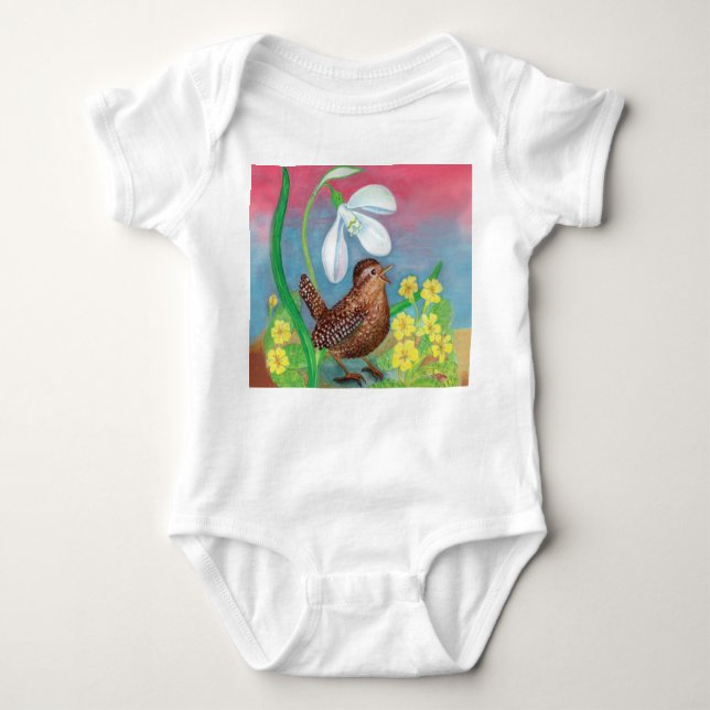 Body Para Bebé Snowdrop & wren bird llama a la primavera (Anverso)