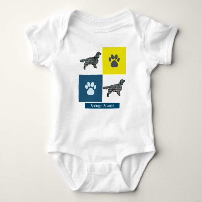 Body Para Bebé Springer Spaniel Dog & Paw Y&B Grid Square (Anverso)
