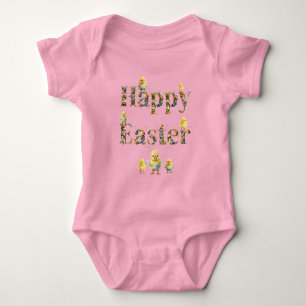 Body Para Bebé texto decorativo Feliz Pascua con pollitos