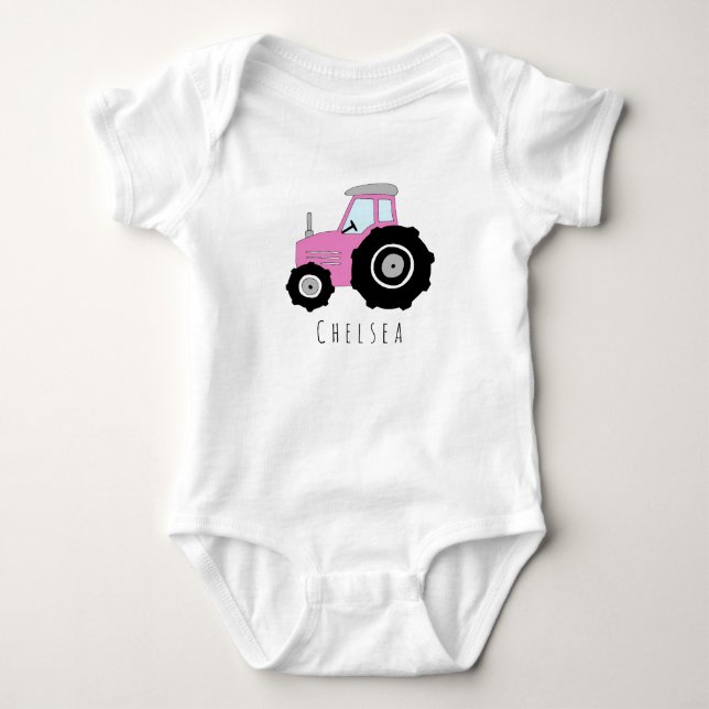 Body Para Bebé Tractor de granja de bebé rosa personalizado con n (Anverso)