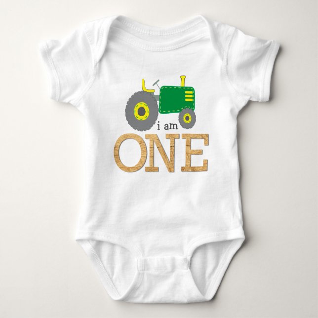 Body Para Bebé Tractor Green Yellow Wood Primer cumpleaños (Anverso)