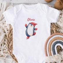 Traje de bebé mono con un pingüino patinando sobre
