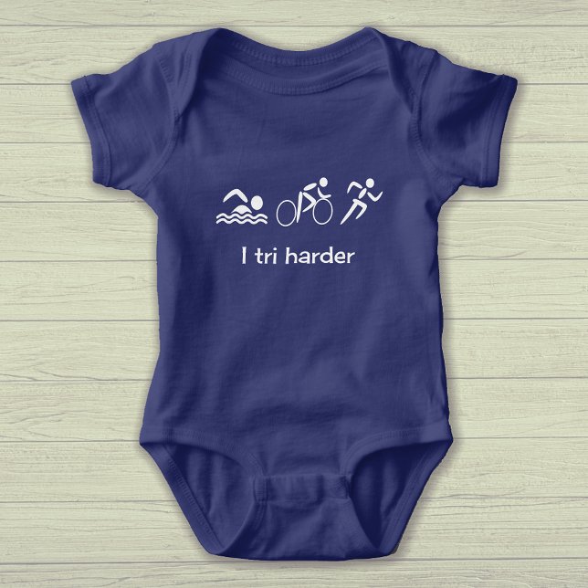 Body Para Bebé Triatlón texto divertido y pictogramas deportes (Sample shows the royal blue bodysuit color option)
