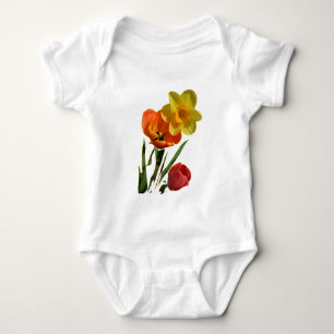 Body Para Bebé Tulipanes rojos y flores daffodiales amarillas