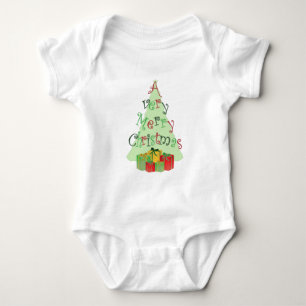 Body Para Bebé Un texto navideño muy feliz con árbol y presentaci