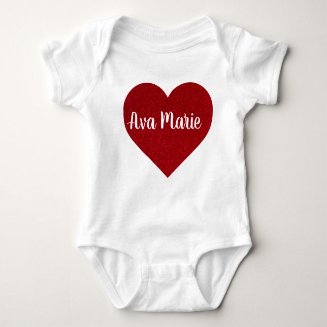 Body Para Bebé Valentines Day Red Glitter Heart with Name Cute  (Anverso)