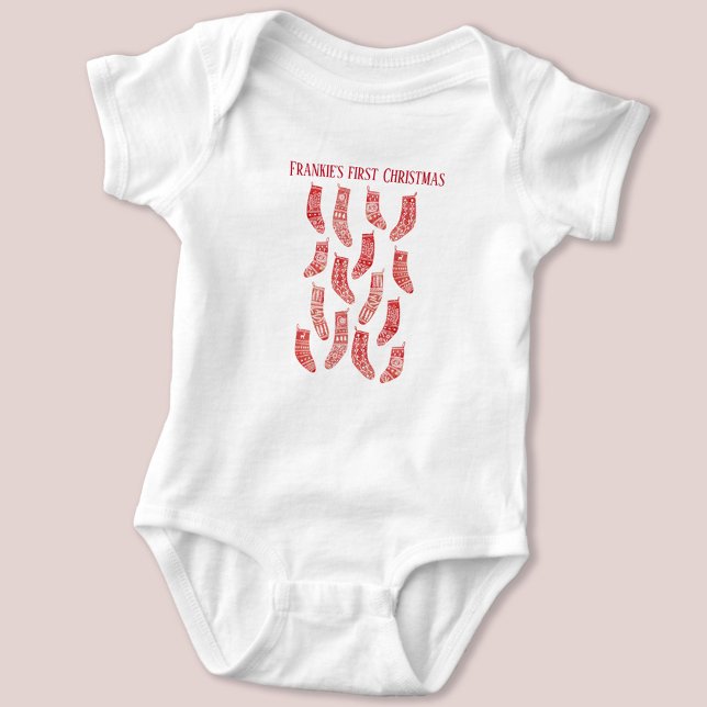 Body Para Bebé Valores nórdicos Primer nombre personalizado de Na (Nordic Stockings personalized name baby's first Christmas baby bodysuit)