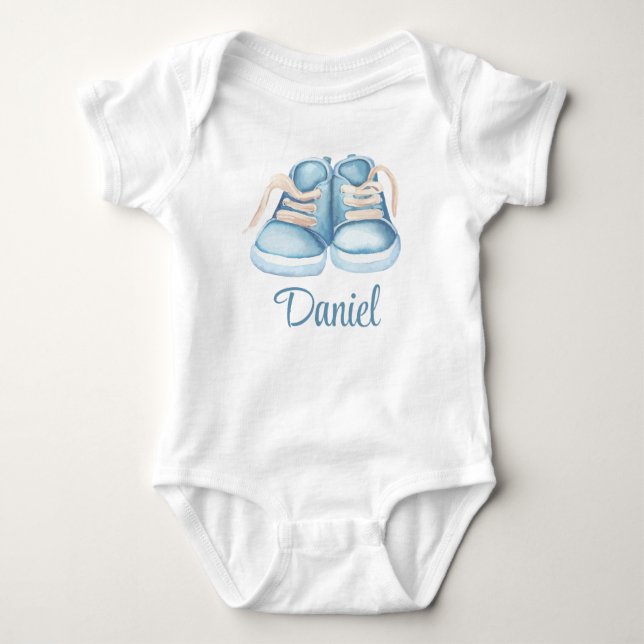 Body Para Bebé Watercolor Blue Baby Shoes Nombre personalizado (Anverso)