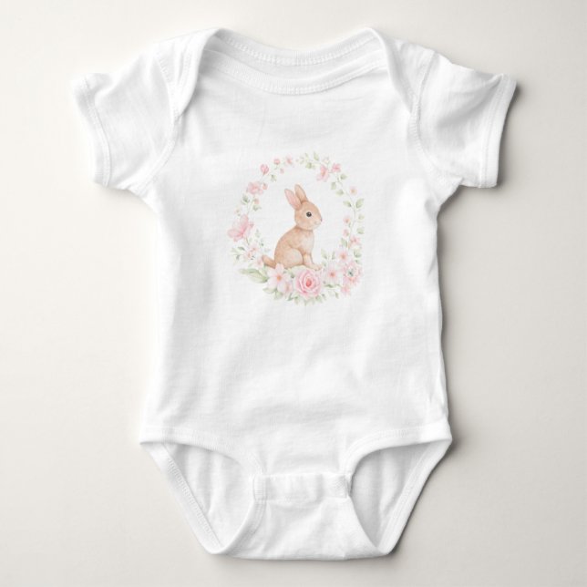 Body Para Bebé Watercolor Bunny Rabbit Floral Wreath (Anverso)