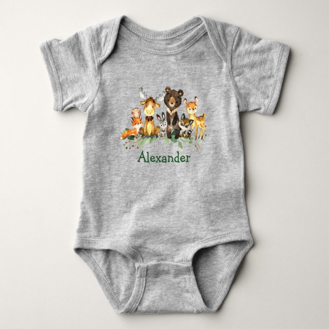 Body Para Bebé Watercolor Woodland Forest Animals Gray (Anverso)