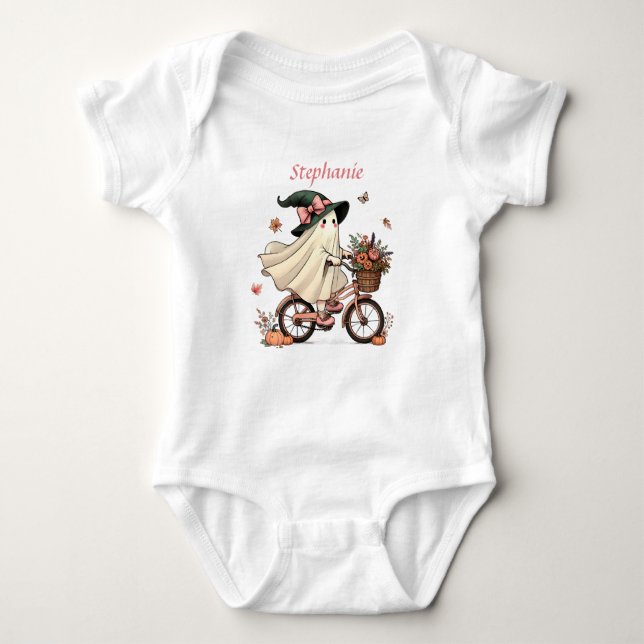 Body Para Bebé Whimsical Ghost Witch Riking Bicycle (Anverso)