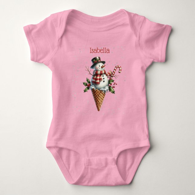 Body Para Bebé Whimsical Personalized Snowman with Candy Cane (Anverso)
