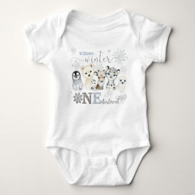 Body Para Bebé Winter Onederland Arctic Animals Blue 1st Birthday (Anverso)