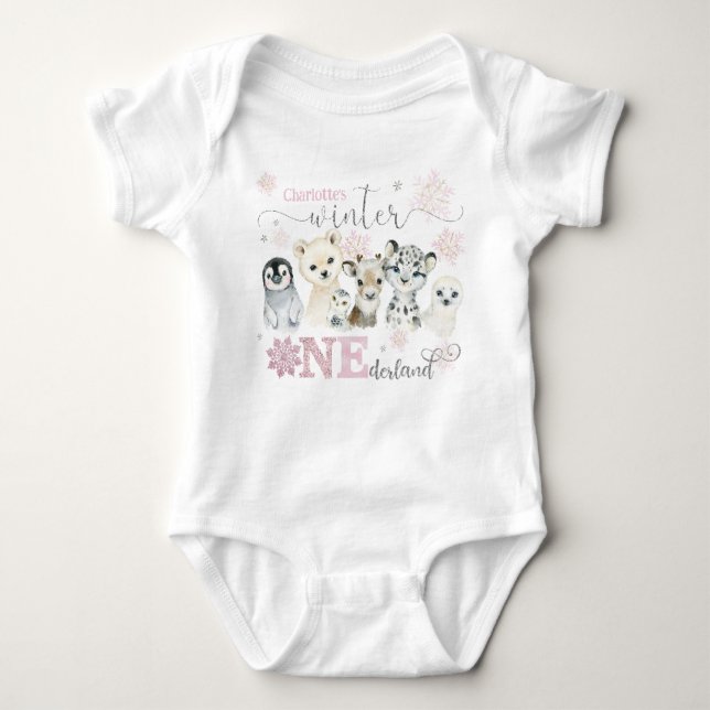 Body Para Bebé Winter Onederland Arctic Animals Pink 1st Birthday (Anverso)