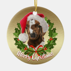 Boer Goat Baby Santa Hat Ornamento de Navidad