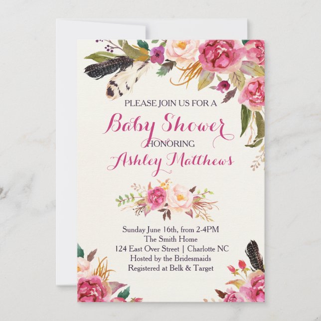 bohemain Floral Baby Shower Invitación (Anverso)