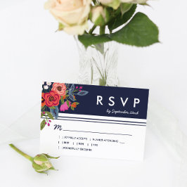Bohemian Bouquet - Navy Blue & Coral Wedding RSVP
