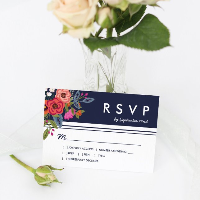 Bohemian Bouquet - Navy Blue & Coral Wedding RSVP (Subido por el creador)