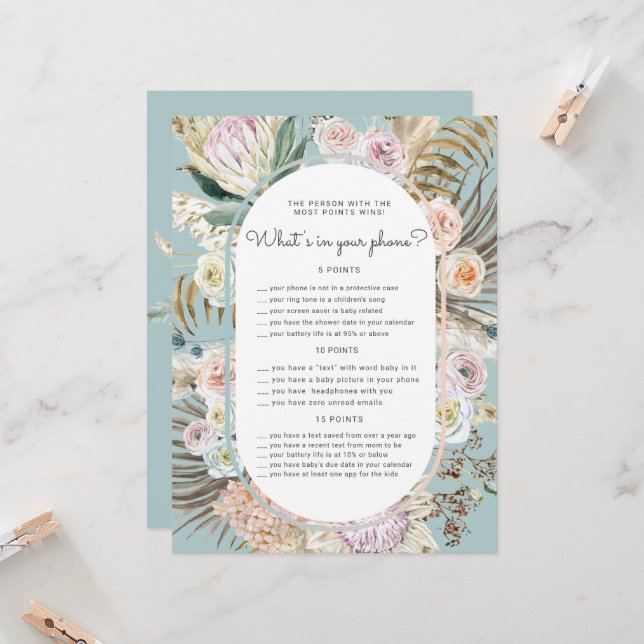Bohemian Floral Baby Shower Phone Game Card (Anverso/Reverso In Situ)