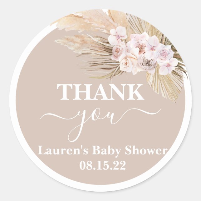 Bohemian Pampas Grass Baby Shower Round Pegatina (Anverso)