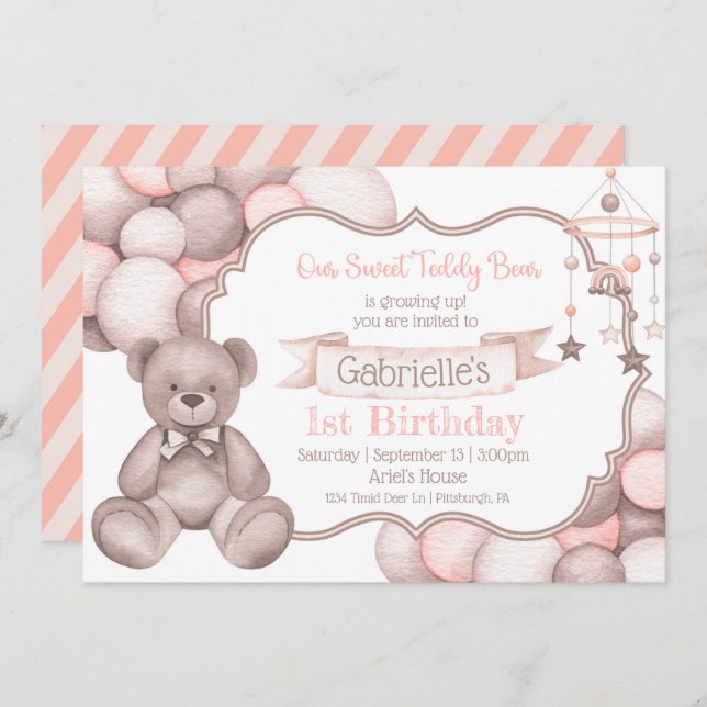 Boho acuarela oso bebé cumpleaños invitación (Anverso / Reverso)