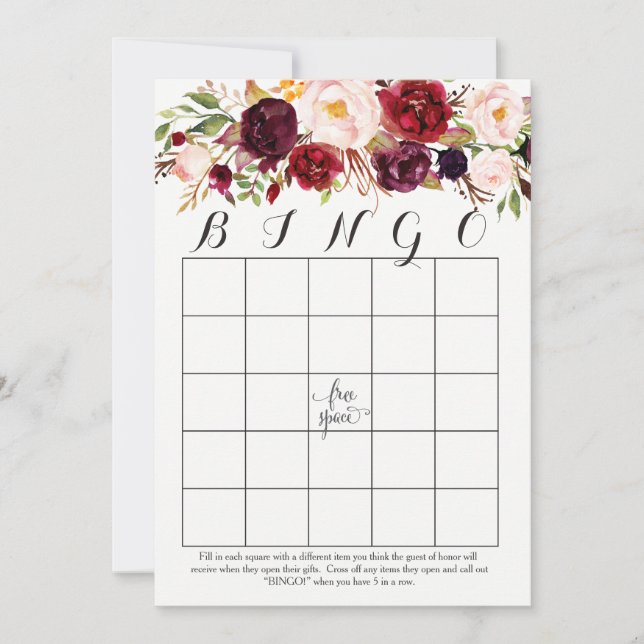 boho acuarelas Flores Shower Bingo Cards Marsala (Anverso)