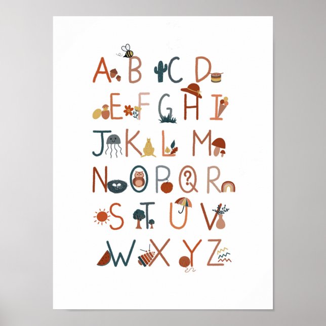 Boho Alphabet poster, arte mural, poster de aula (Frente)