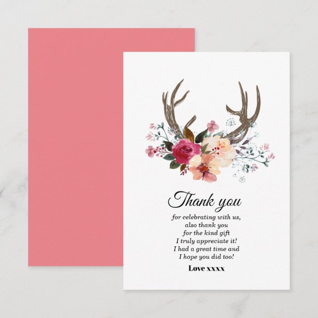 boho antler flor chica tarjeta de agradecimiento (Anverso / Reverso)