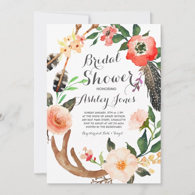 Boho antler succulents Bridal Shower Invitación (Anverso)