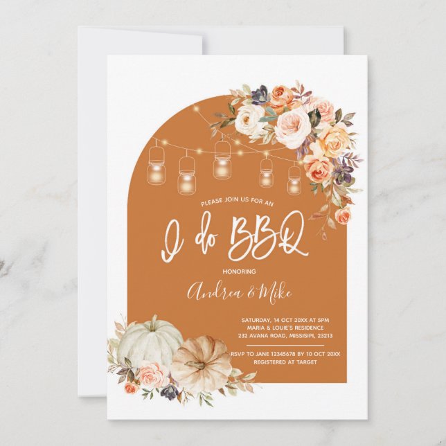 Boho Arch Fall Pumpki BBQ Couple Shower Invitación (Anverso)