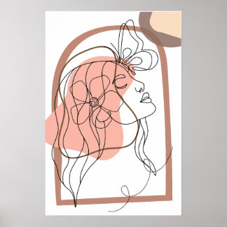 Boho Arte de línea minimalista, mujer con flor