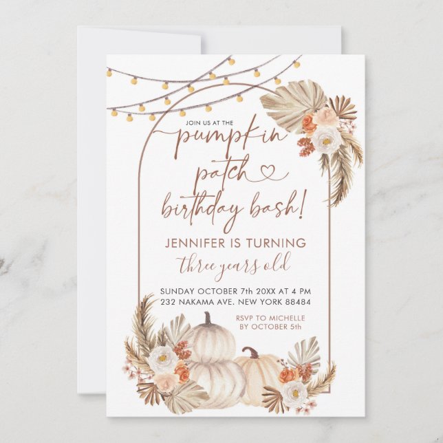 Boho Autumn Pumpkin Patch Birthday Bash Invitación (Anverso)