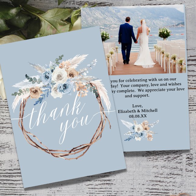 Boho Baby Blue Photo Boda Tarjeta de agradecimient (Subido por el creador)
