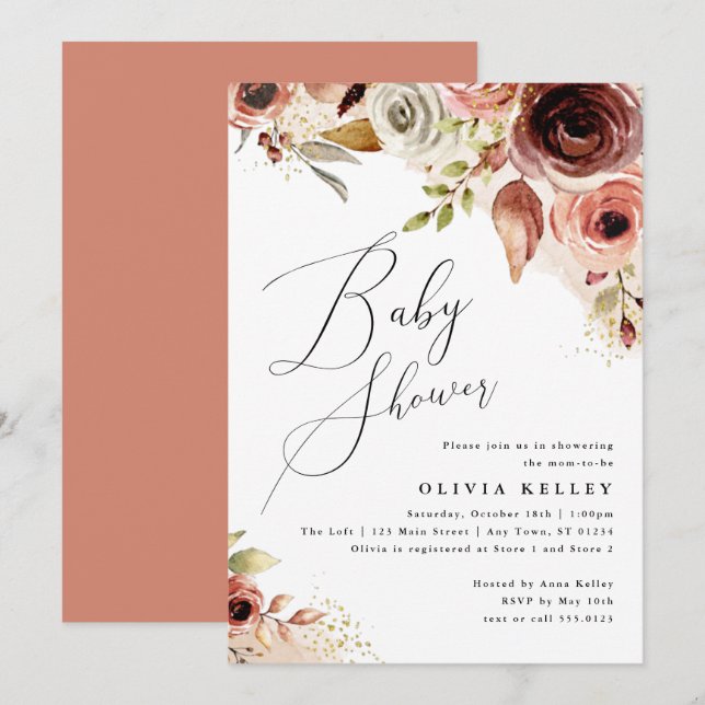 Boho Baby Shower, Earthy Floral Invitación (Anverso / Reverso)