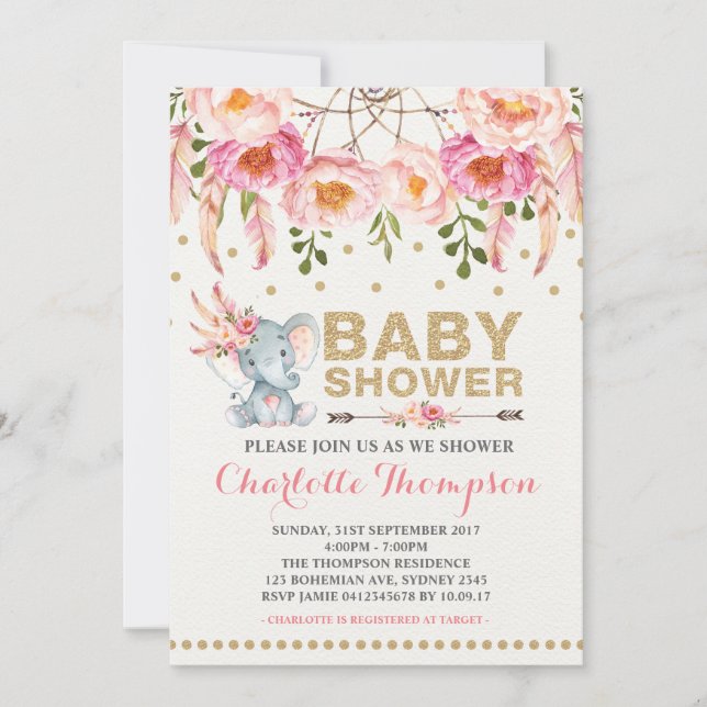 Boho Baby Shower Invitación Elefante Oro Rosa (Anverso)