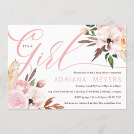 Boho Baby Shower, Invitación floral acuarela