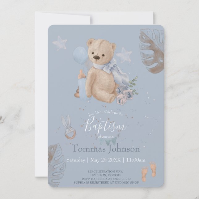 Boho baby teddy Baptism Invitación (Anverso)