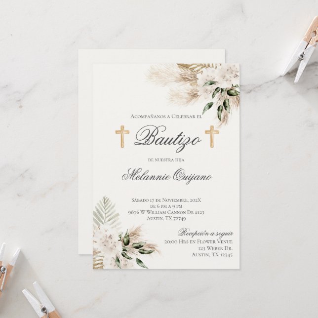 Boho Baptism Español Invitación floral (Anverso/Reverso In Situ)