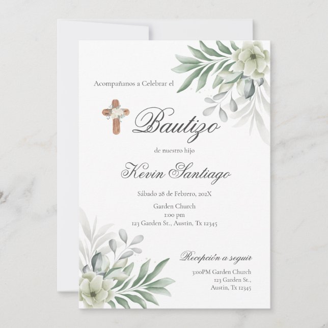 Boho Baptism Español Invitación floral (Anverso)