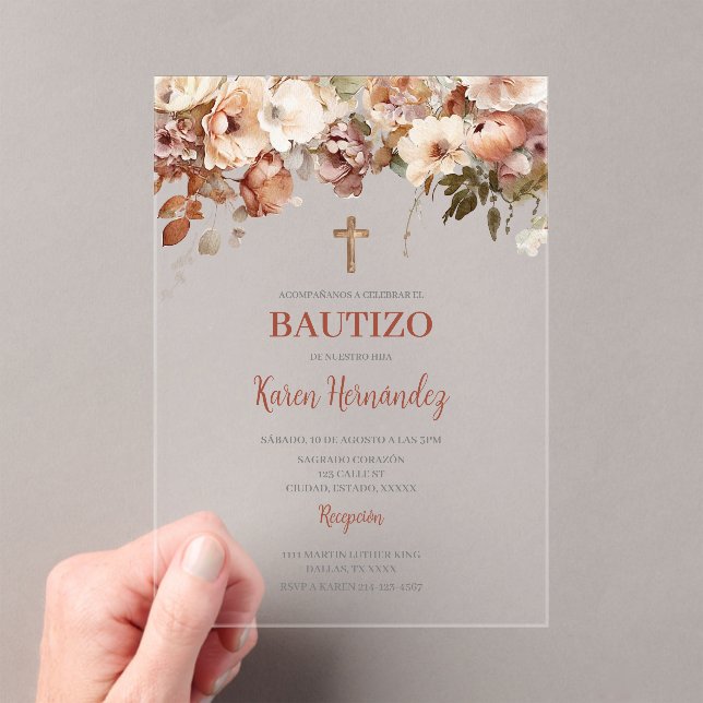 Boho Bautismo Floral Invitación acrílica española (Insitu (portátil))